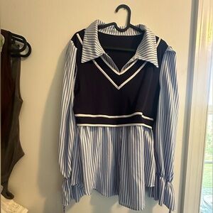 Striped Blue and White Blouse with attached Vest Overlay